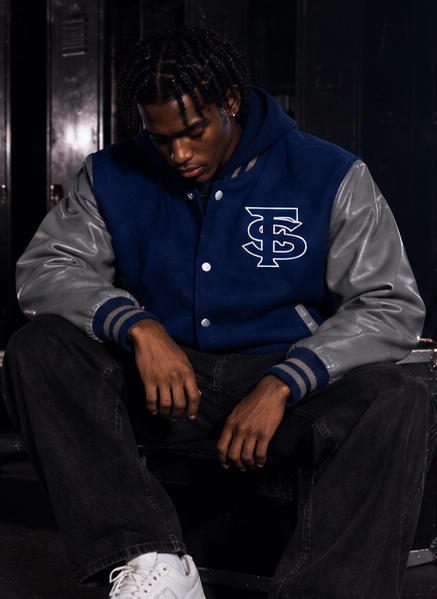 Navy and gray varsity jacket front