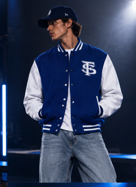 Royal and white varsity jacket front