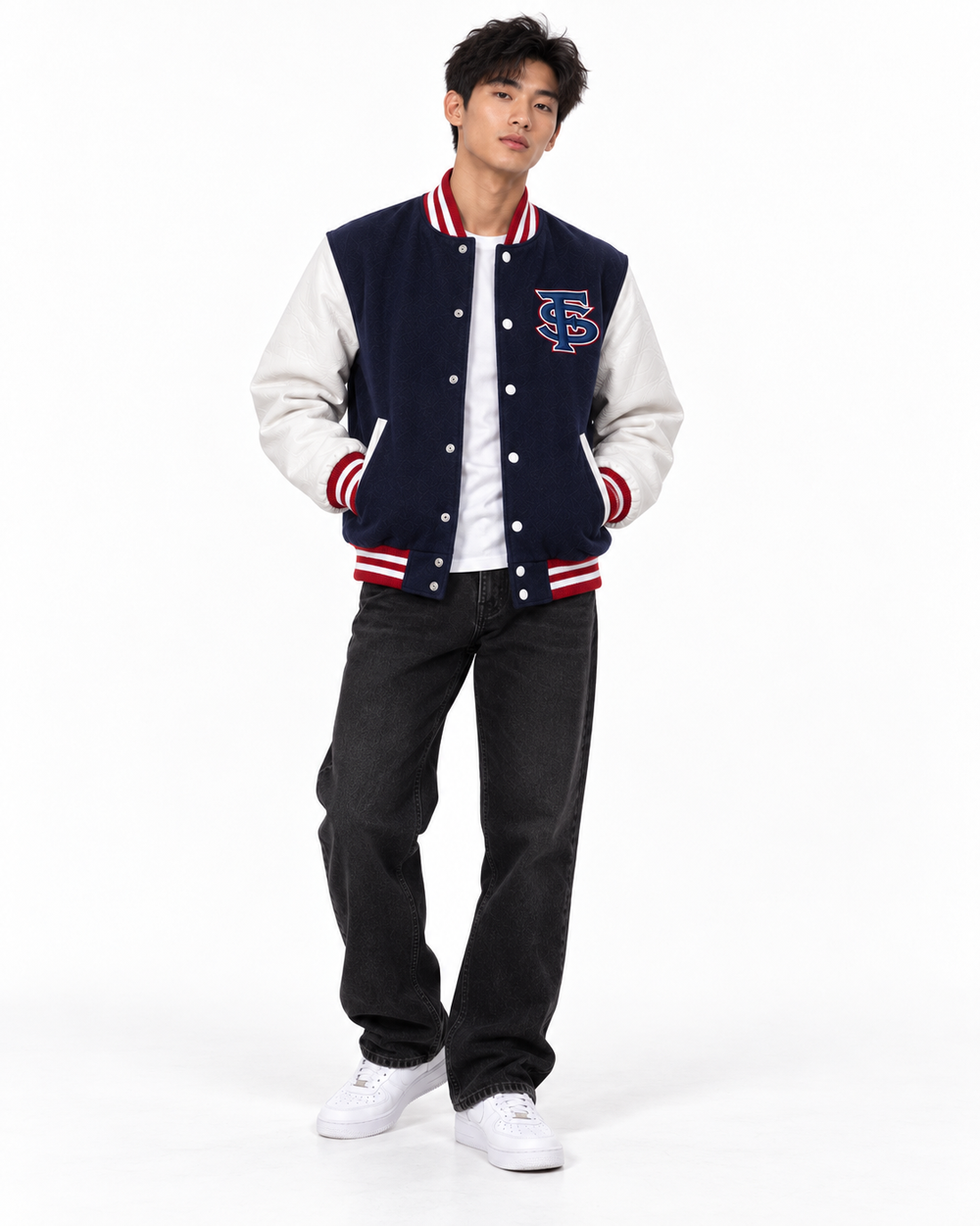 Central Valley Varsity Jacket — Navy & Red Stripe