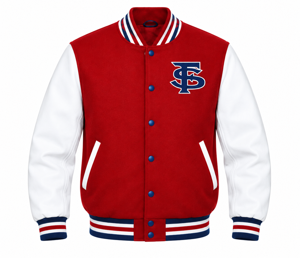 Central Valley Varsity Jacket — Red & Navy Stripe