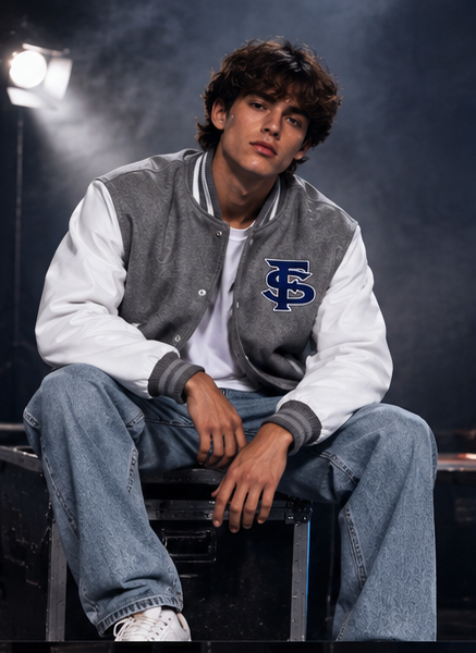 Gray and white varsity jacket front