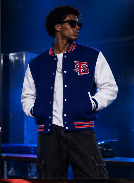 Navy red and white varsity jacket front