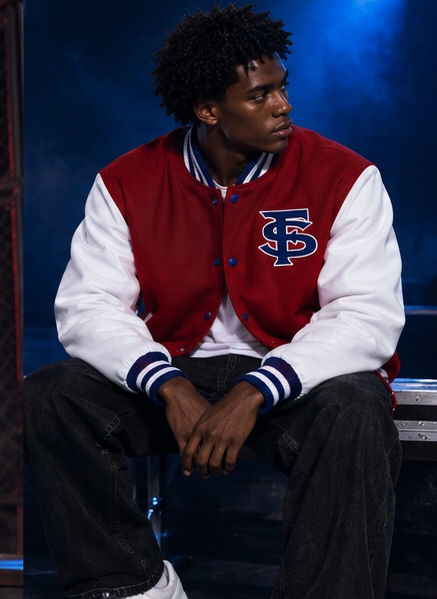 Red royal and white varsity jacket front