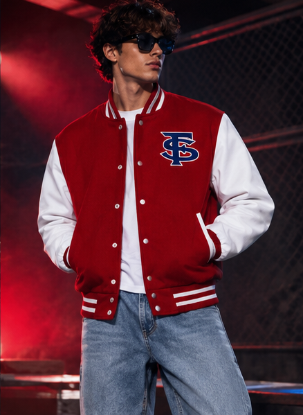 Red and white varsity jacket front